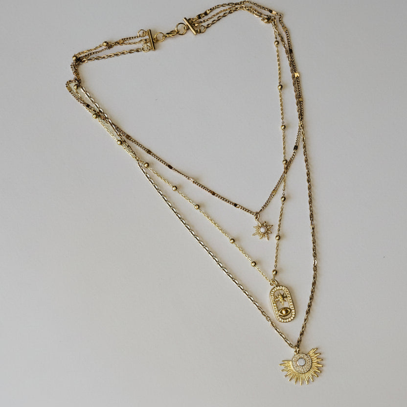 Unique Three-in-One gold Necklace Featuring Opal Starburt & Evil Eye Pendants