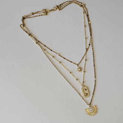 Unique Three-in-One gold Necklace Featuring Opal Starburt & Evil Eye Pendants