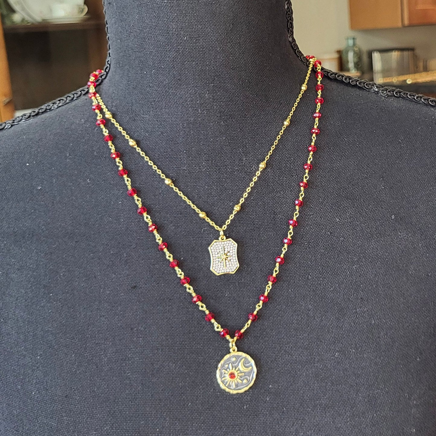 Garnet Rosary Chain with Enameled Moon & Micro Pave North Star Pendants- Celestial Charm Necklace