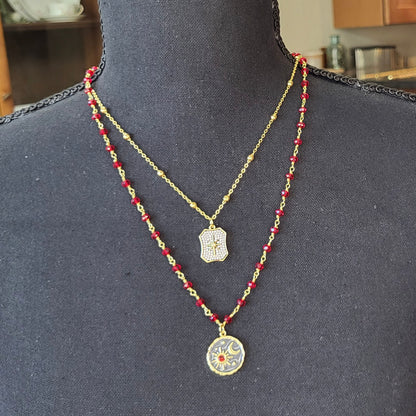 Garnet Rosary Chain with Enameled Moon & Micro Pave North Star Pendants- Celestial Charm Necklace