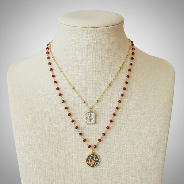 Garnet Rosary Chain with Enameled Moon & Micro Pave North Star Pendants- Celestial Charm Necklace