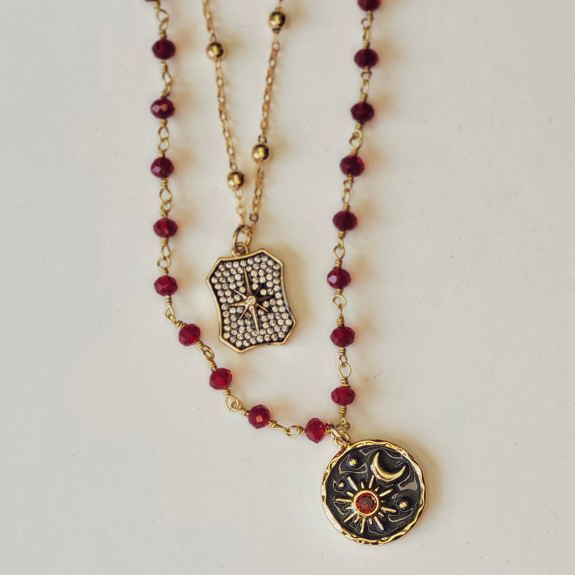 Garnet Rosary Chain with Enameled Moon & Micro Pave North Star Pendants- Celestial Charm Necklace
