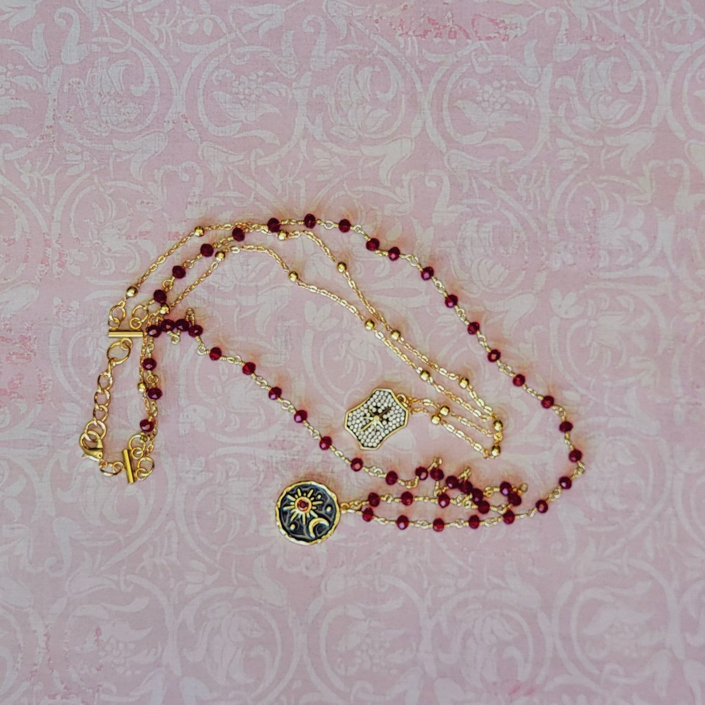 Garnet Rosary Chain with Enameled Moon & Micro Pave North Star Pendants- Celestial Charm Necklace