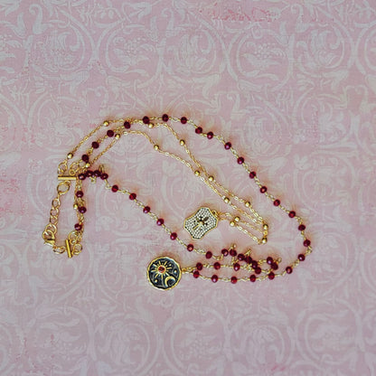 Garnet Rosary Chain with Enameled Moon & Micro Pave North Star Pendants- Celestial Charm Necklace