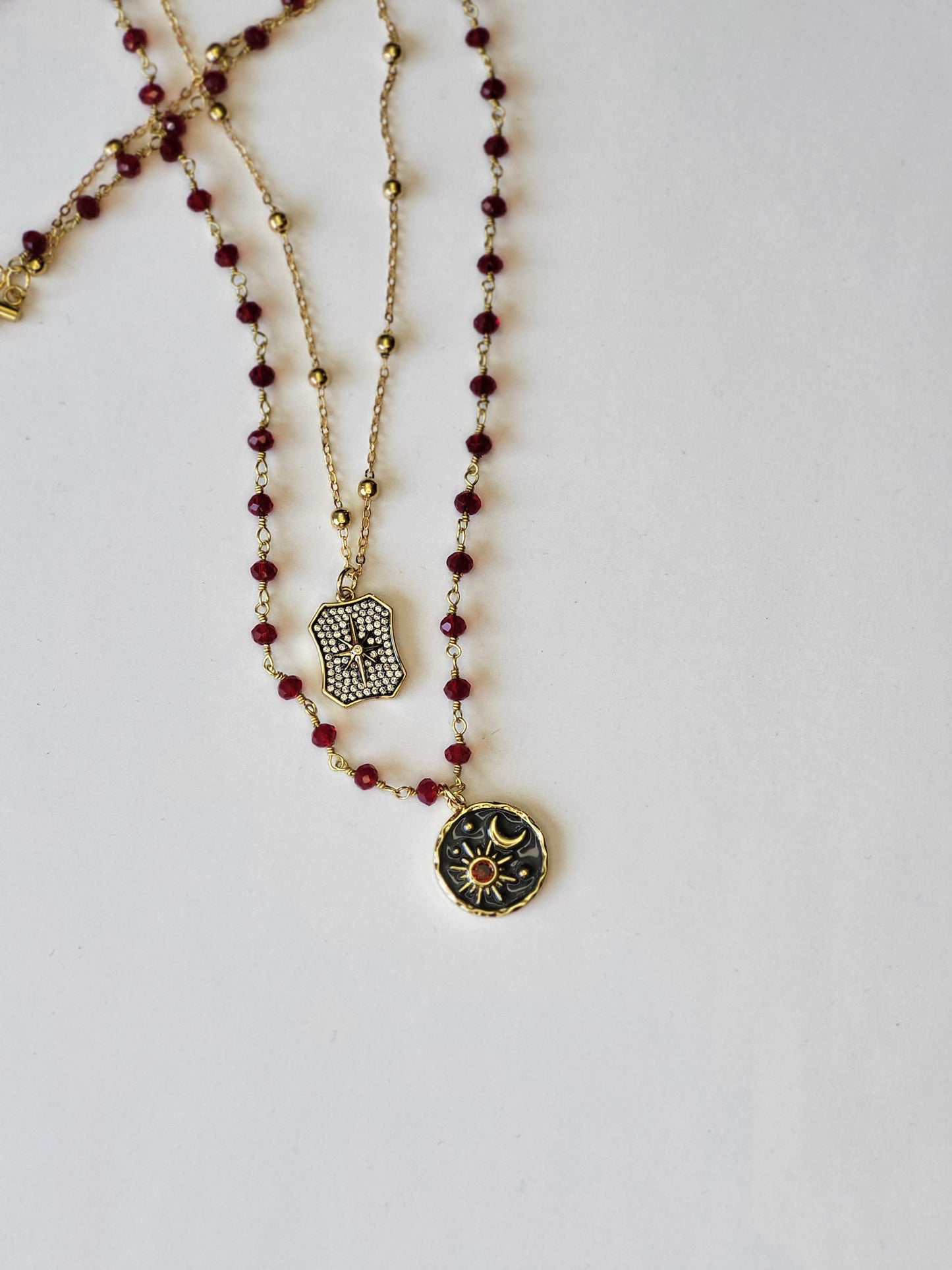 Garnet Rosary Chain with Enameled Moon & Micro Pave North Star Pendants- Celestial Charm Necklace