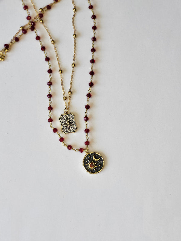 Celestial Garnet Rosary Necklace with Enameled Moon & Pave North Star Charms - Layered Jewelry