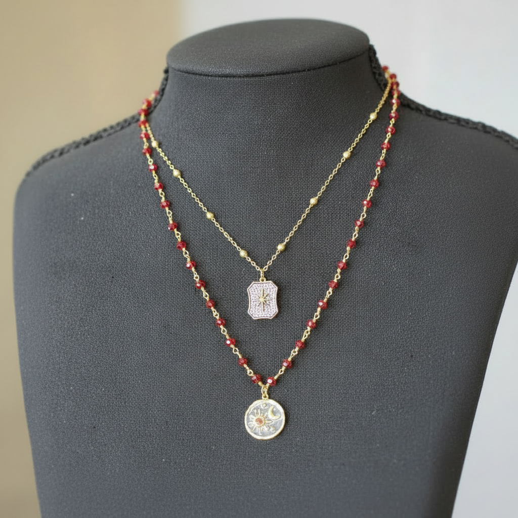 Garnet Rosary Chain with Enameled Moon & Micro Pave North Star Pendants- Celestial Charm Necklace