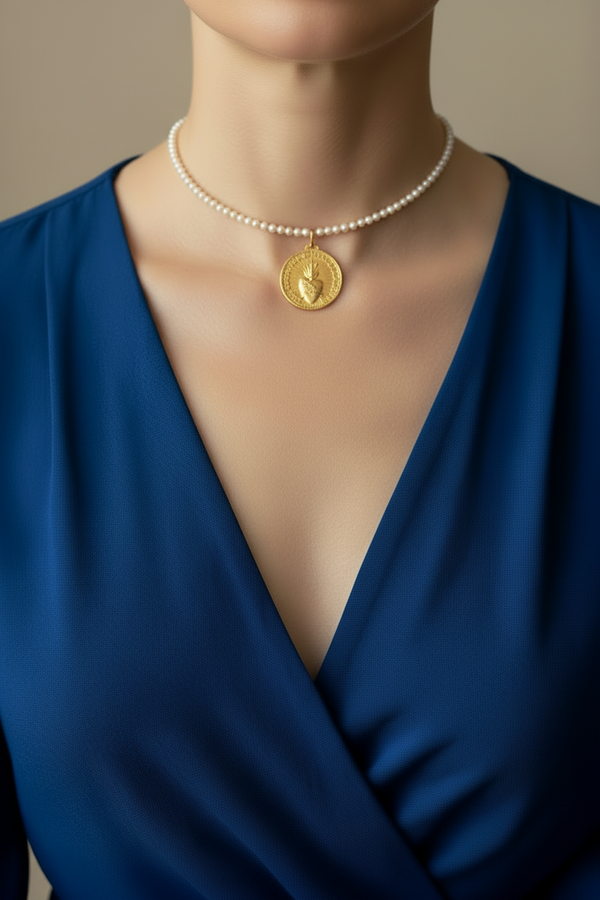 Gold French Sacred Heart Pendant on Delicate Pearl Necklace - Handmade Religious Jewelry, Christian Necklace