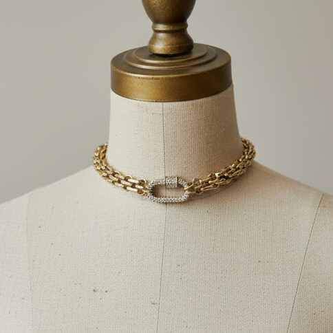 Carabiner Necklace Luxurious Multilink Chain Choker featuring Textured Design and CZ Pave Carabiner Clasp