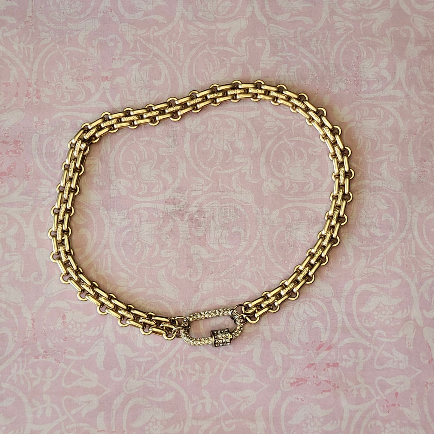 Multilink Chain Choker featuring Textured Design and CZ Pave Carabiner Clasp