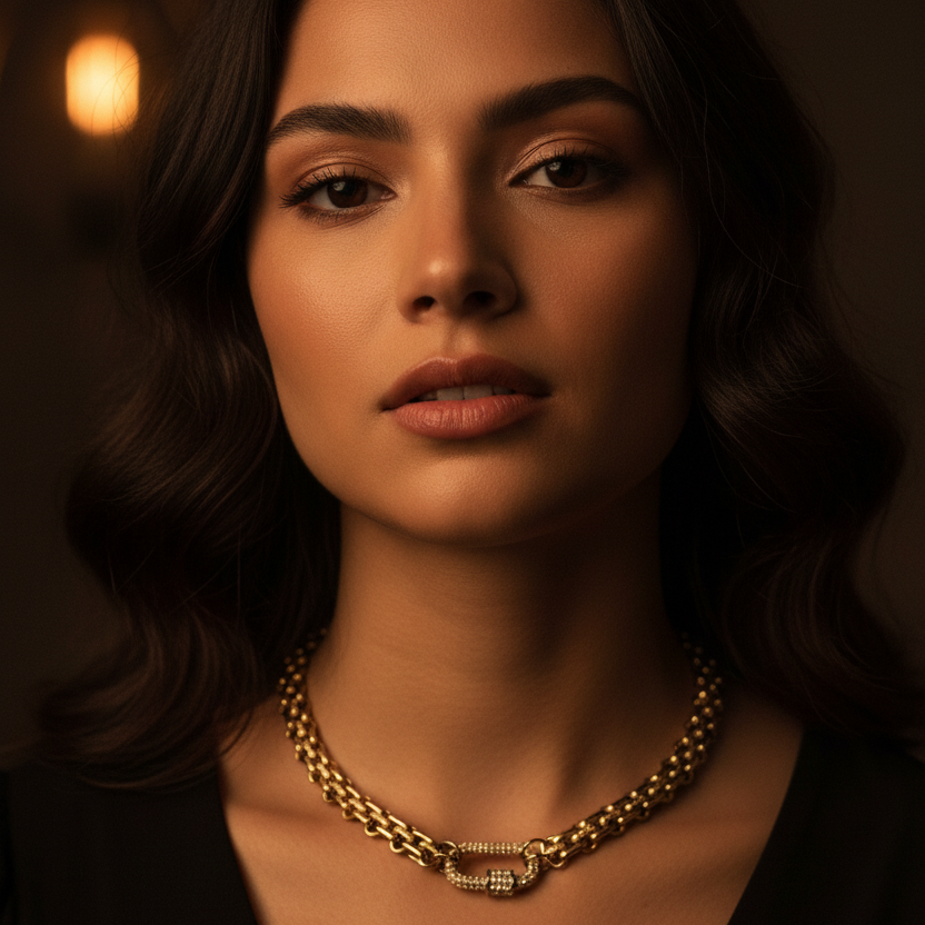 Carabiner Necklace Luxurious Multilink Chain Choker featuring Textured Design and CZ Pave Carabiner Clasp