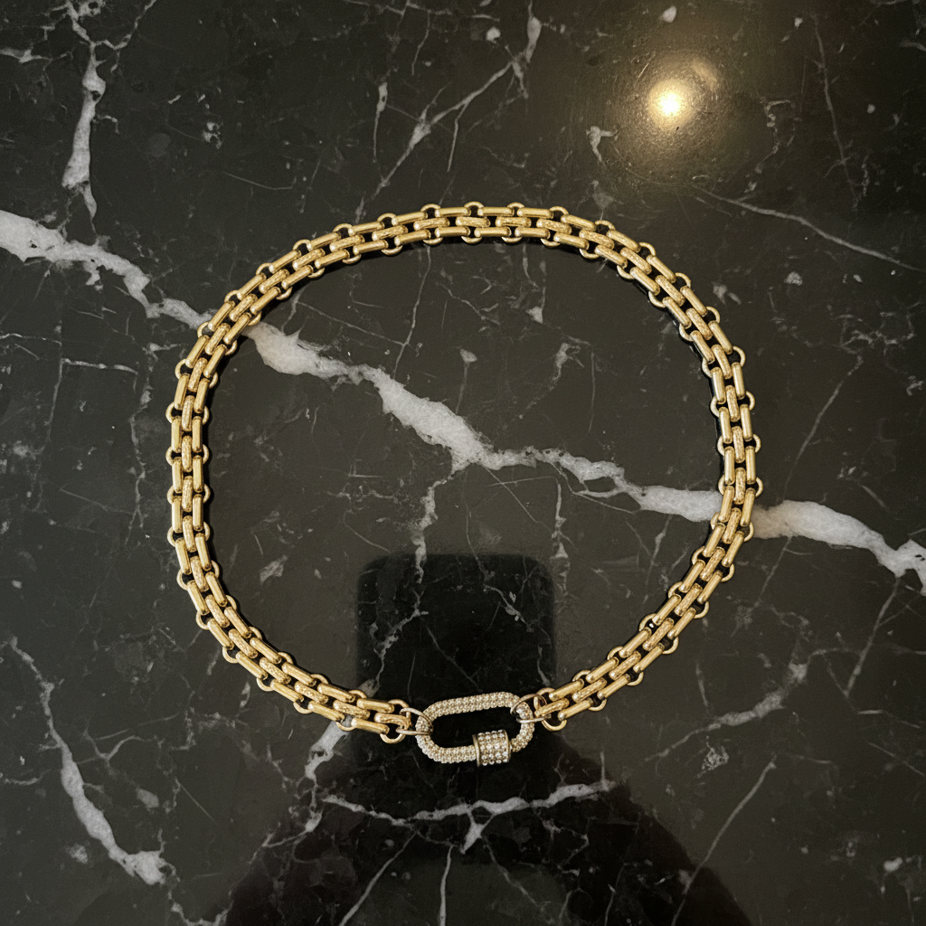 Carabiner Necklace Luxurious Multilink Chain Choker featuring Textured Design and CZ Pave Carabiner Clasp