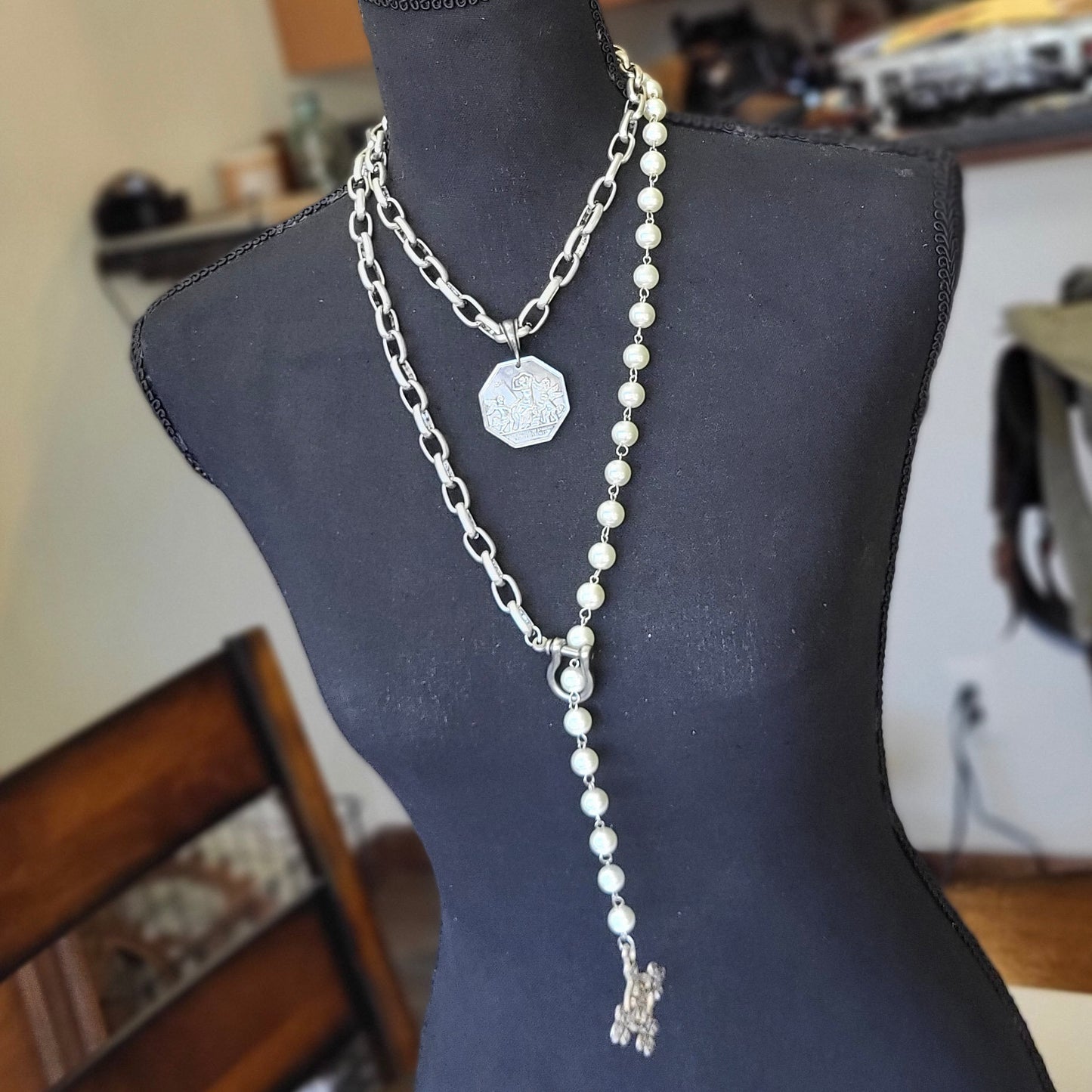 Long Pearl Necklace with Intricate Byzantine Cross Pendant - Customizable Length