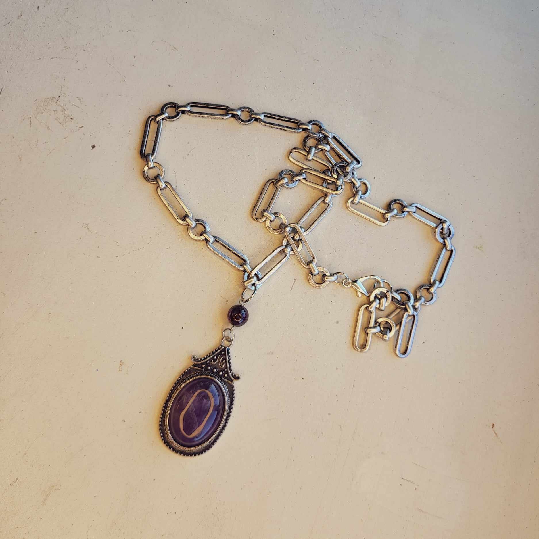 Large Amethyst Pendant, long handmade necklace in Silver finished setting and oval link chunky chain, Handcrafted Statement Necklace