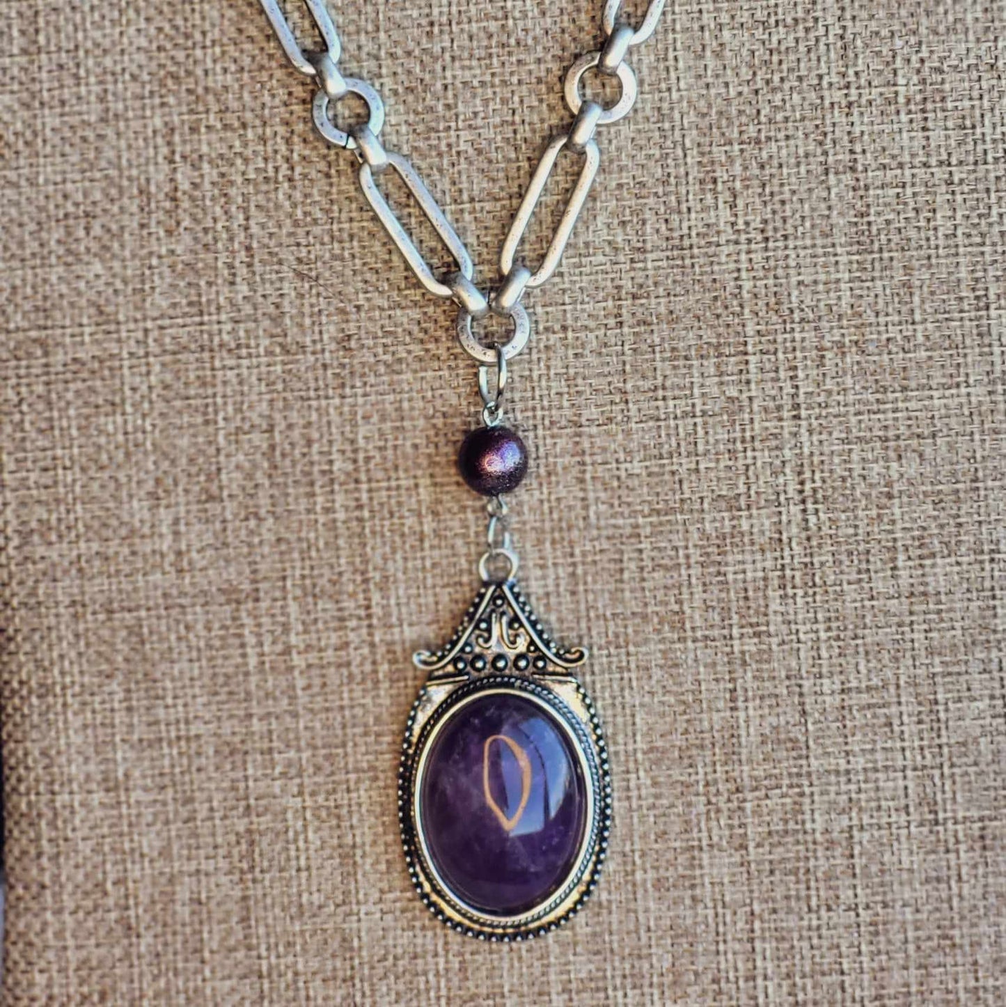 Large Amethyst Pendant, long handmade necklace in Silver finished setting and oval link chunky chain, Handcrafted Statement Necklace