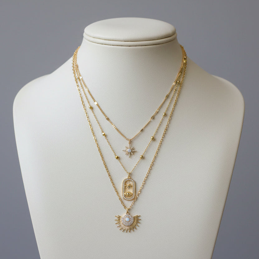Unique Three-in-One gold Necklace Featuring Opal Starburt & Evil Eye Pendants