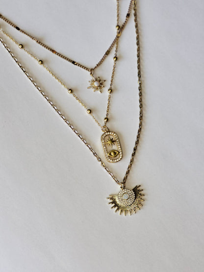Unique Three-in-One gold Necklace Featuring Opal Starburt & Evil Eye Pendants