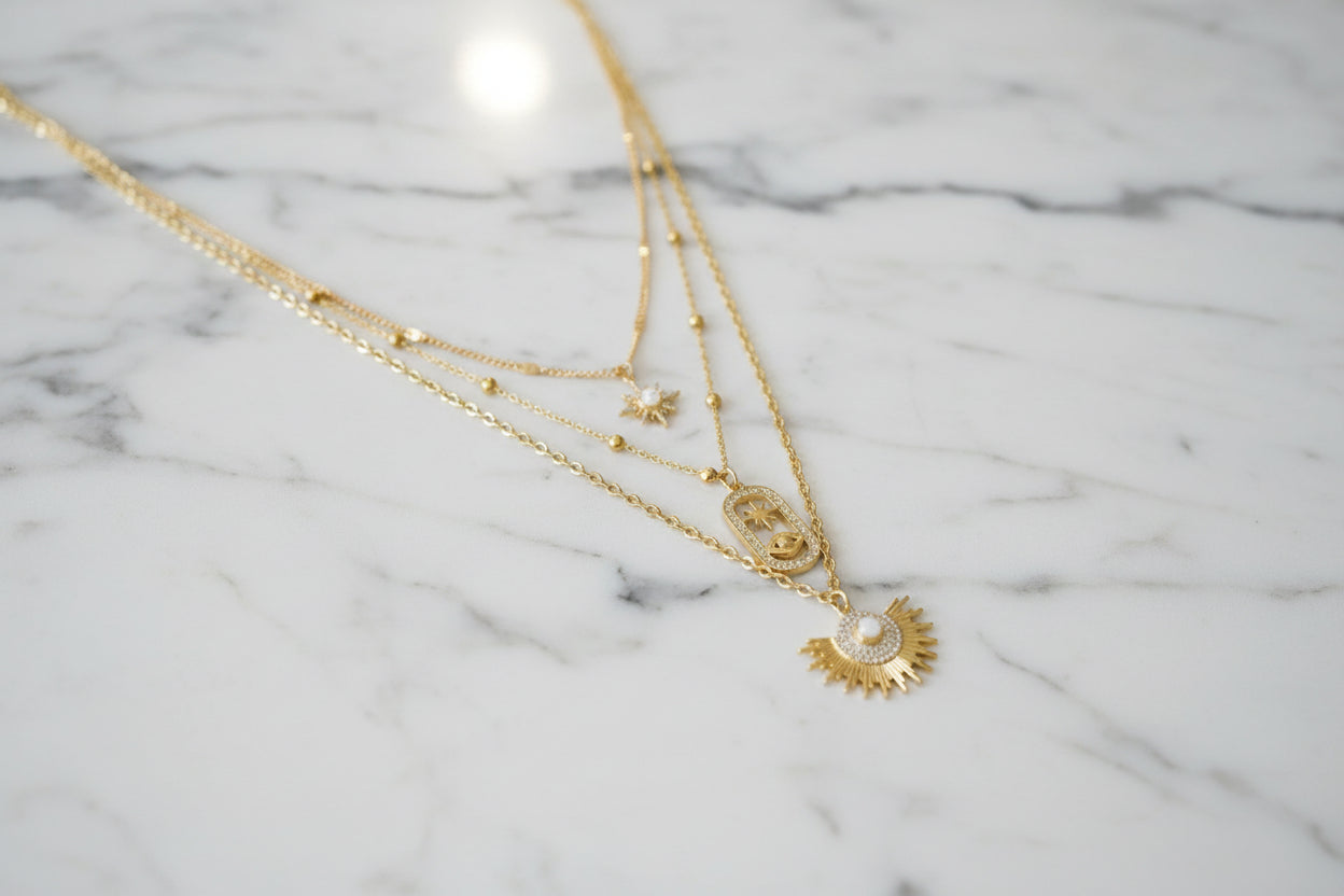 Unique Three-in-One gold Necklace Featuring Opal Starburt & Evil Eye Pendants