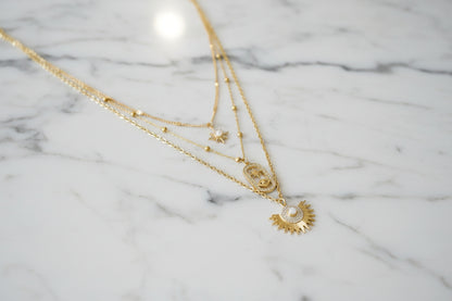 Unique Three-in-One gold Necklace Featuring Opal Starburt & Evil Eye Pendants