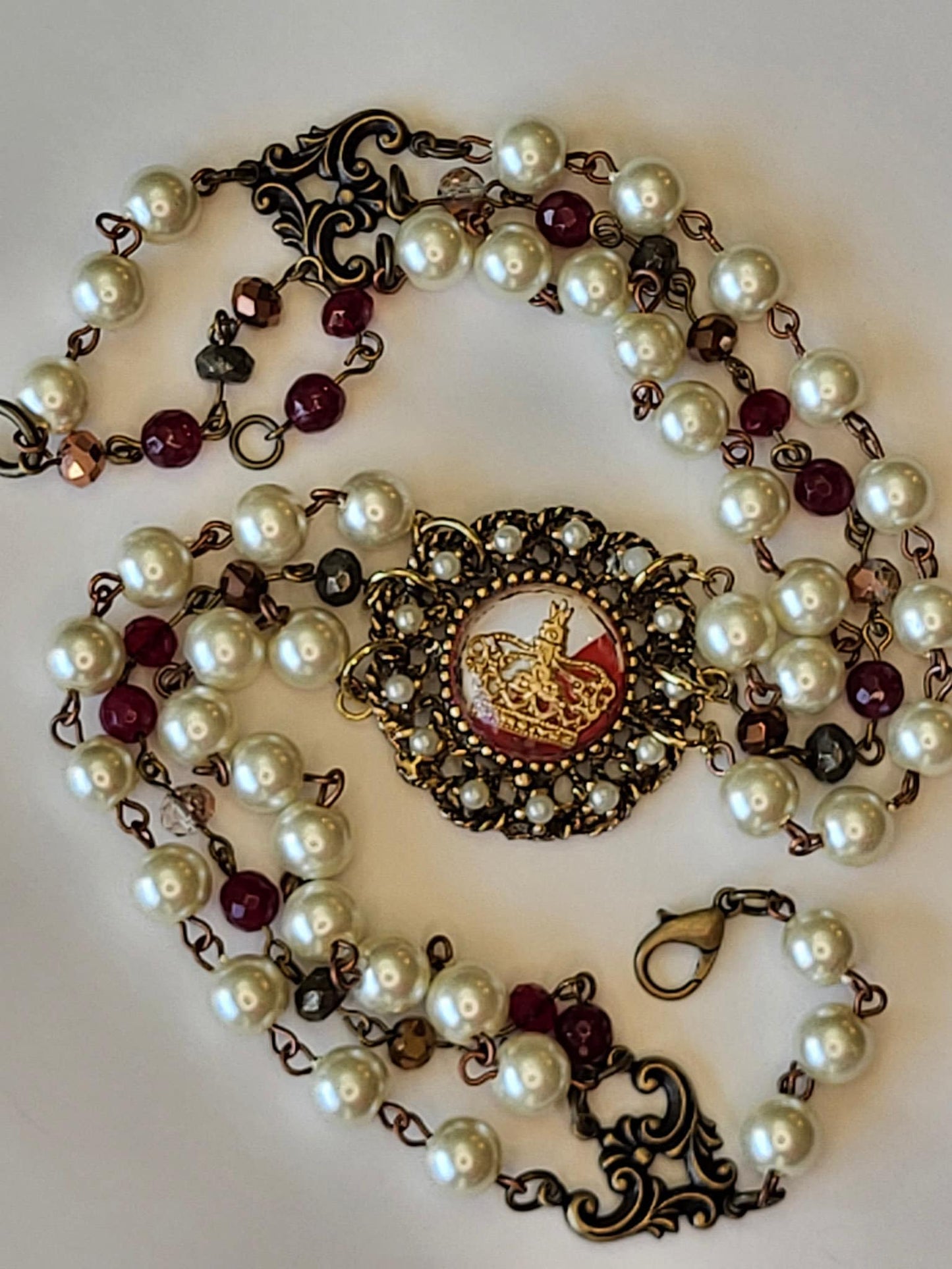 Elegant Pearl and Garnet Choker Necklace with Rare Vintage Crown Pendant