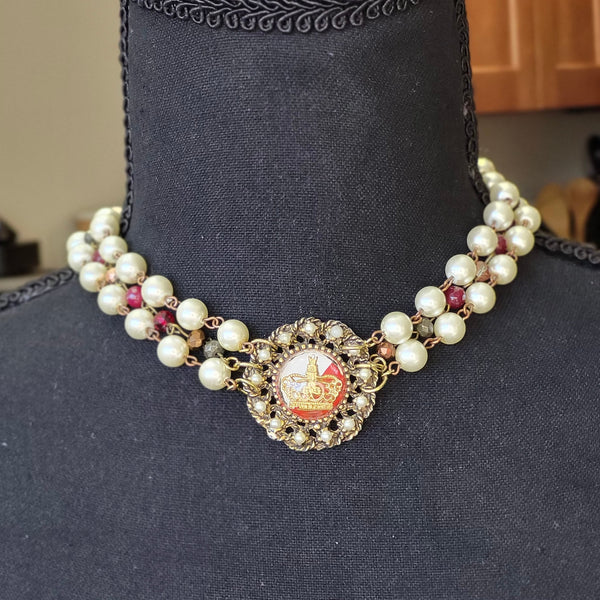 Elegant Pearl and Garnet Choker with Rare Vintage Crown Pendant- One Of A Kind Choker