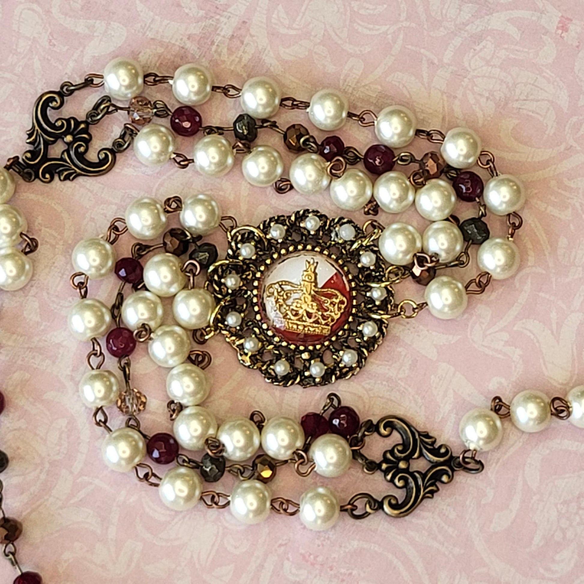 Elegant Pearl and Garnet Choker Necklace with Rare Vintage Crown Pendant