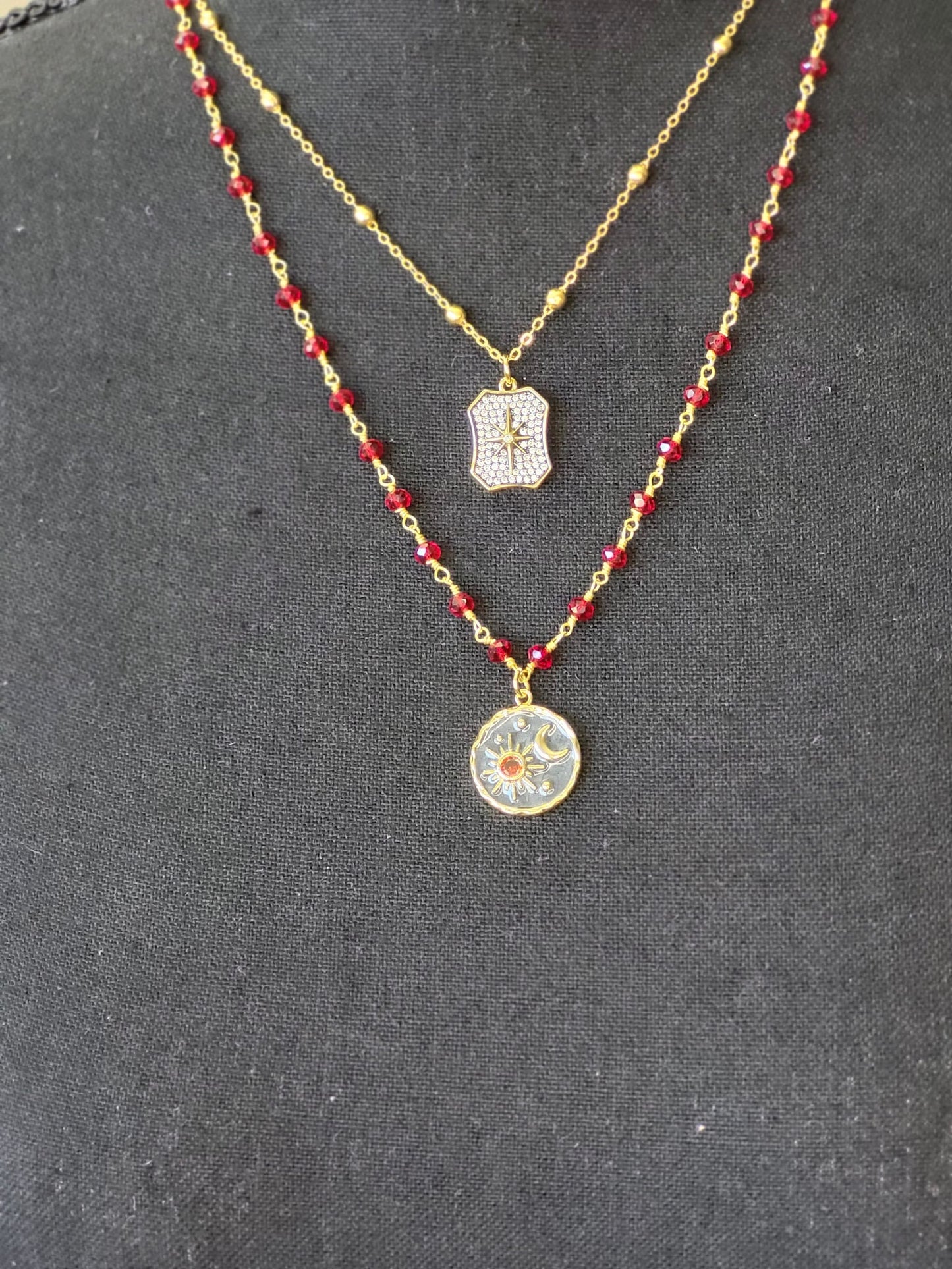 Garnet Rosary Chain with Enameled Moon & Micro Pave North Star Pendants- Celestial Charm Necklace