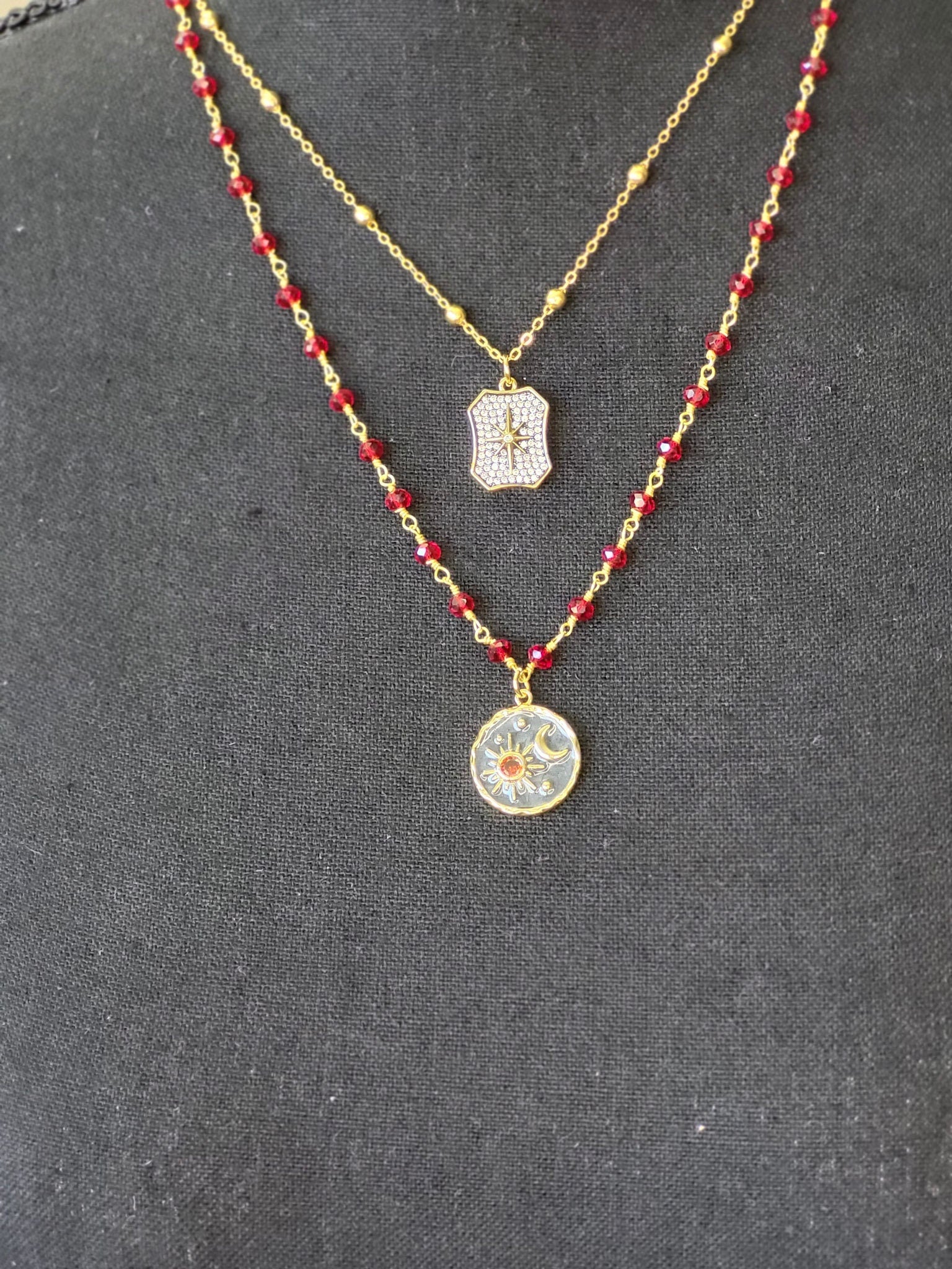 Garnet Rosary Chain with Enameled Moon & Micro Pave North Star Pendants- Celestial Charm Necklace