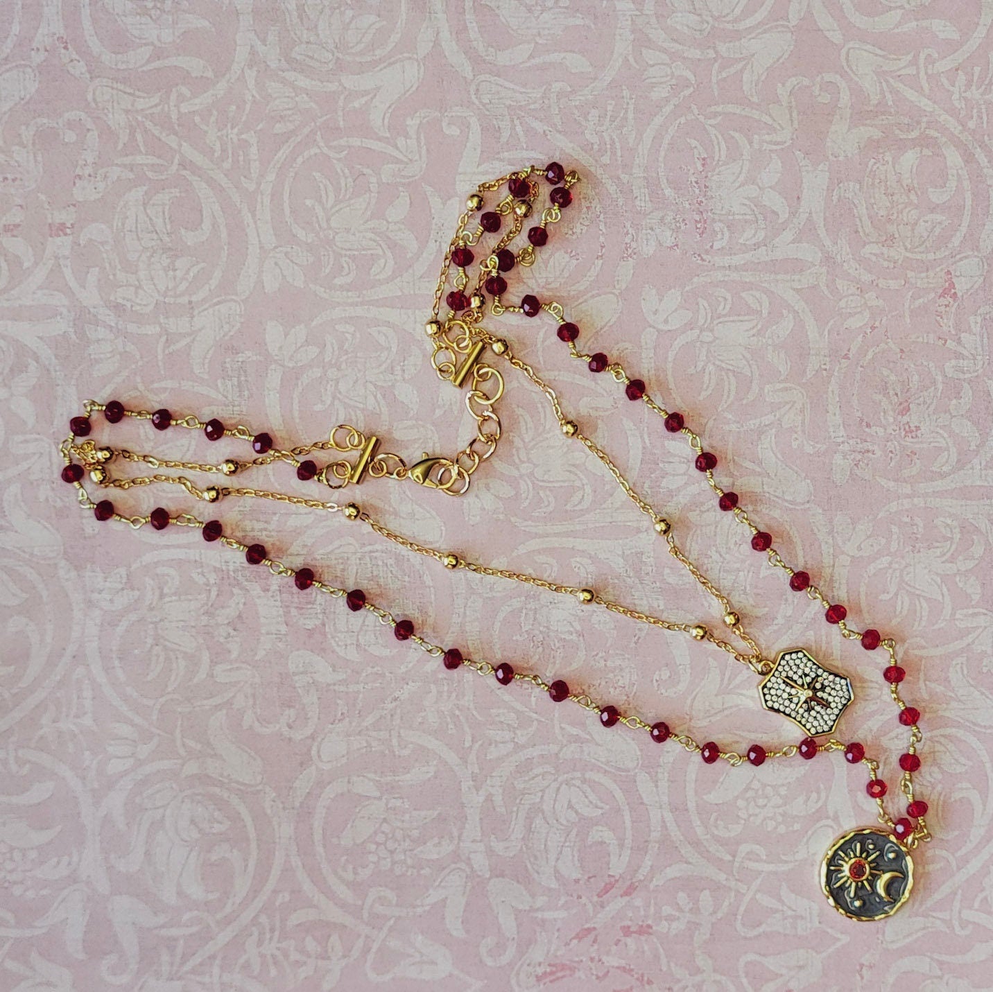 Garnet Rosary Chain with Enameled Moon & Micro Pave North Star Pendants- Celestial Charm Necklace