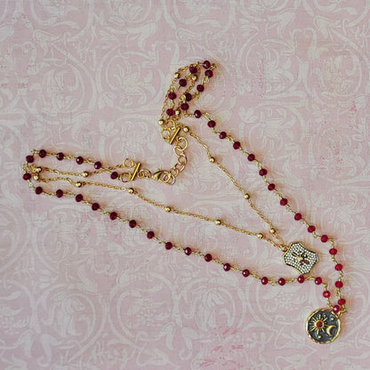 Garnet Rosary Chain with Enameled Moon & Micro Pave North Star Pendants- Celestial Charm Necklace