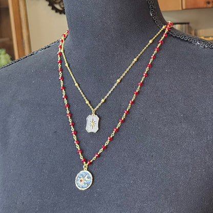 Garnet Rosary Chain with Enameled Moon & Micro Pave North Star Pendants- Celestial Charm Necklace
