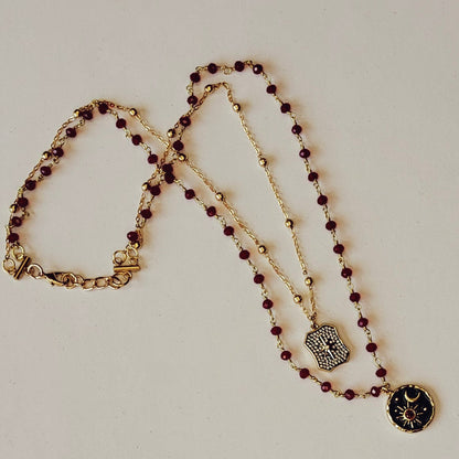 Garnet Rosary Chain with Enameled Moon & Micro Pave North Star Pendants- Celestial Charm Necklace