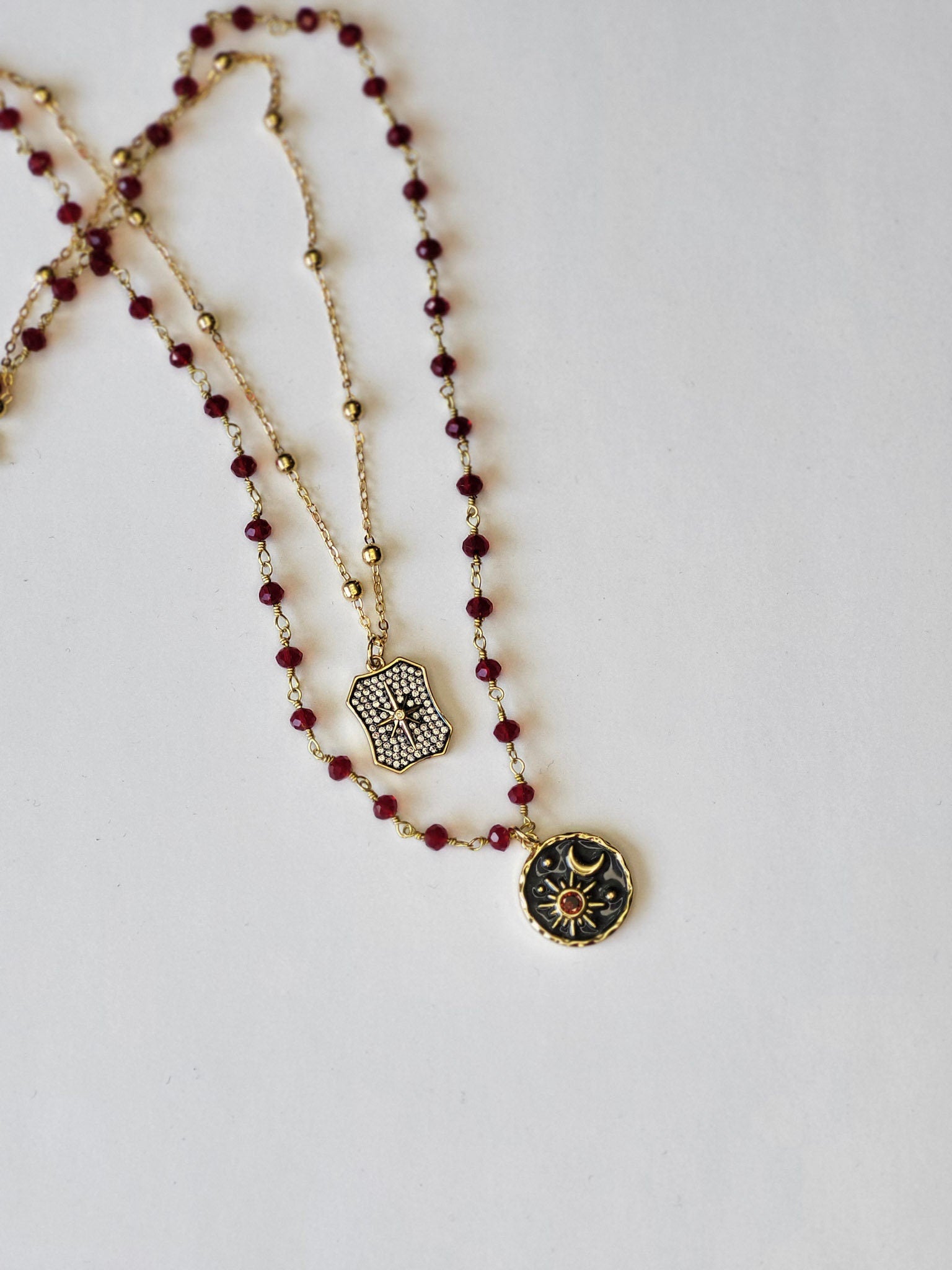 Garnet Rosary Chain with Enameled Moon & Micro Pave North Star Pendants- Celestial Charm Necklace
