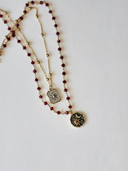 Garnet Rosary Chain with Enameled Moon & Micro Pave North Star Pendants- Celestial Charm Necklace
