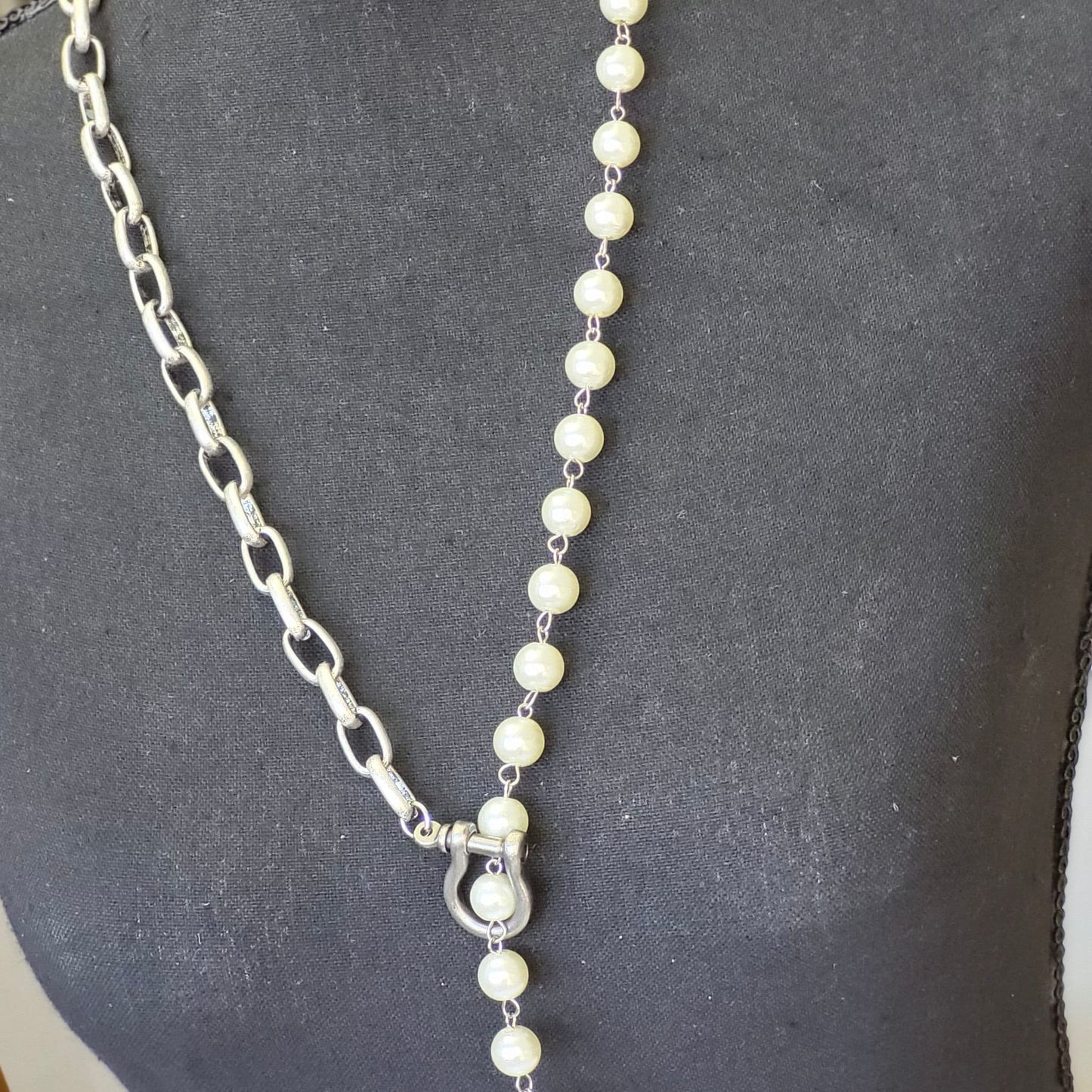 Long Pearl Necklace with Intricate Byzantine Cross Pendant - Customizable Length