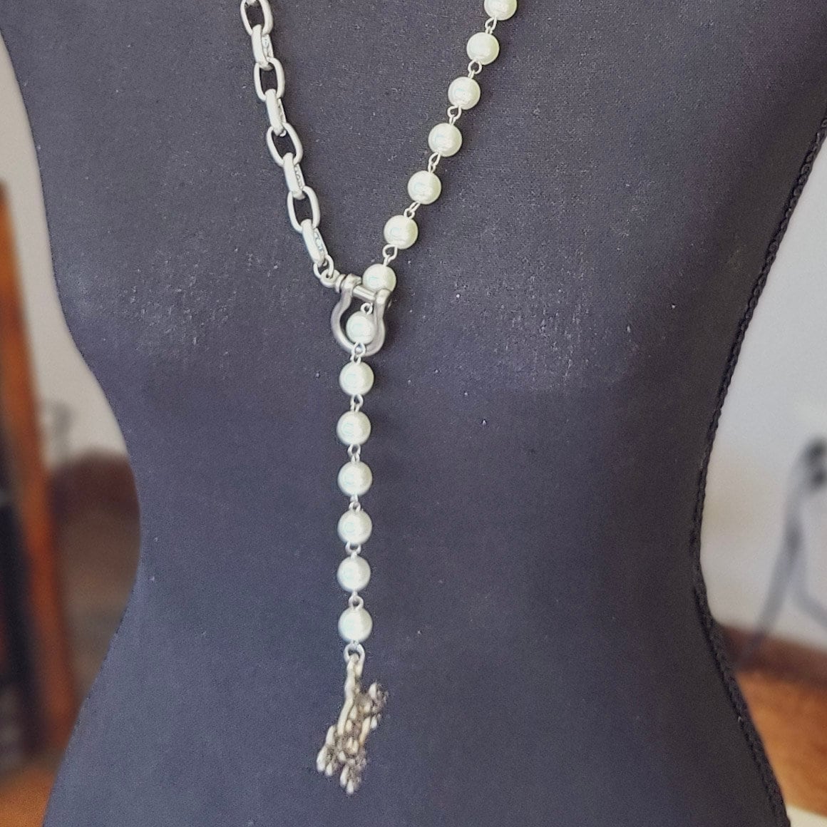 Long Pearl Necklace with Intricate Byzantine Cross Pendant - Customizable Length