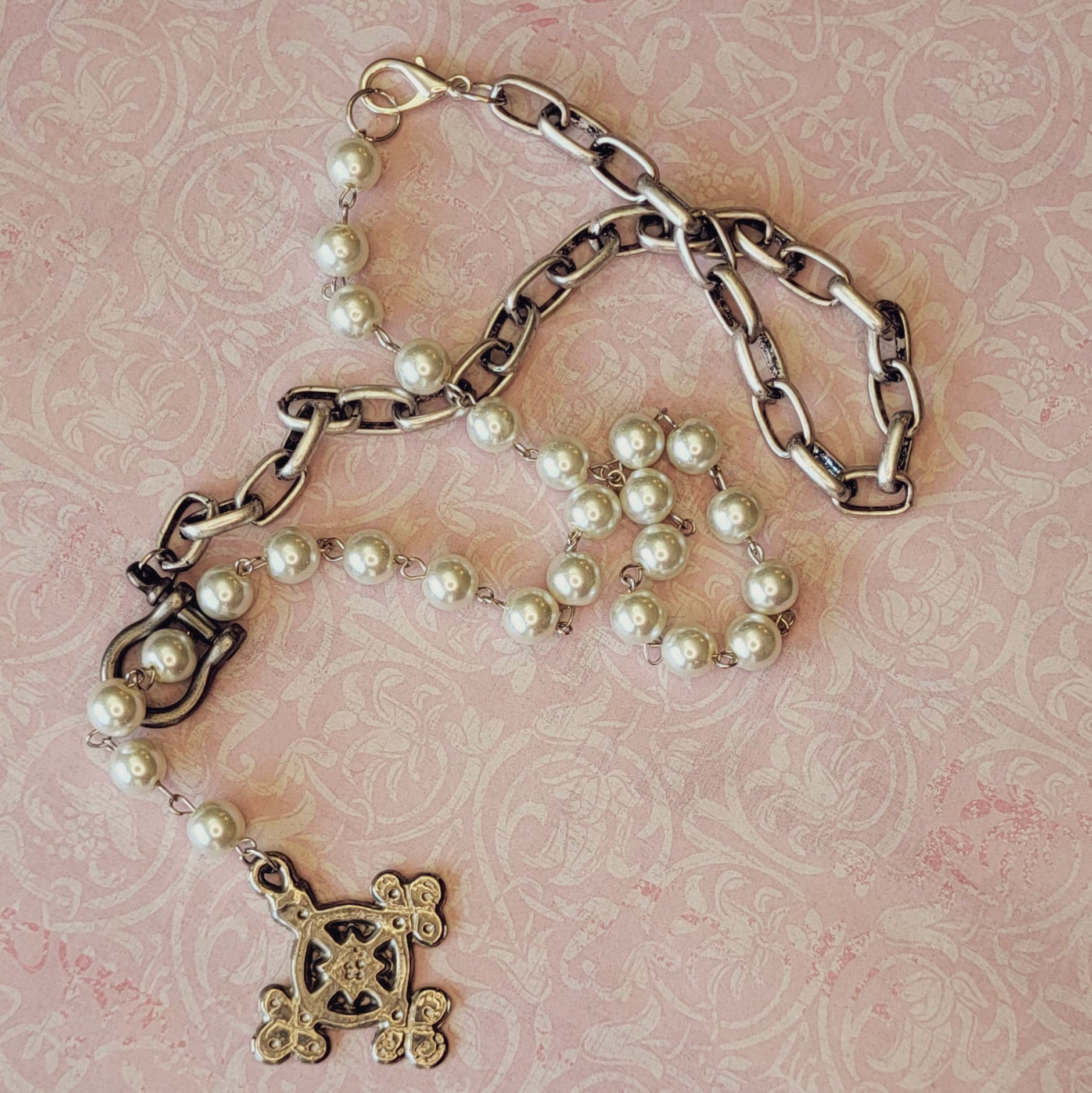 Long Pearl Necklace with Intricate Byzantine Cross Pendant - Customizable Length