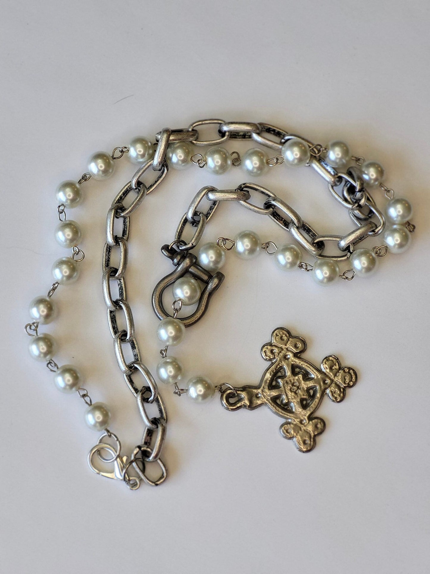 Long Pearl Necklace with Intricate Byzantine Cross Pendant - Customizable Length