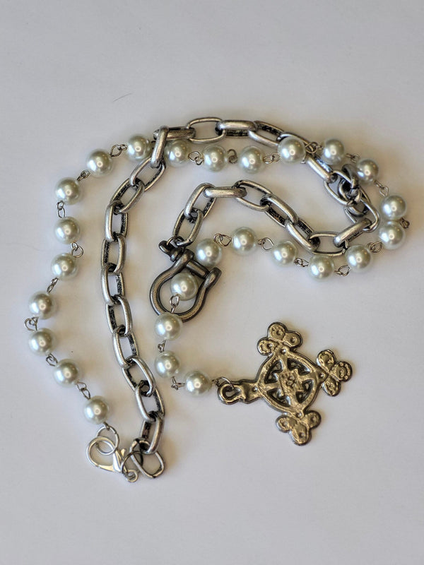 Long Pearl Necklace with Byzantine Cross Pendant - Customizable Length