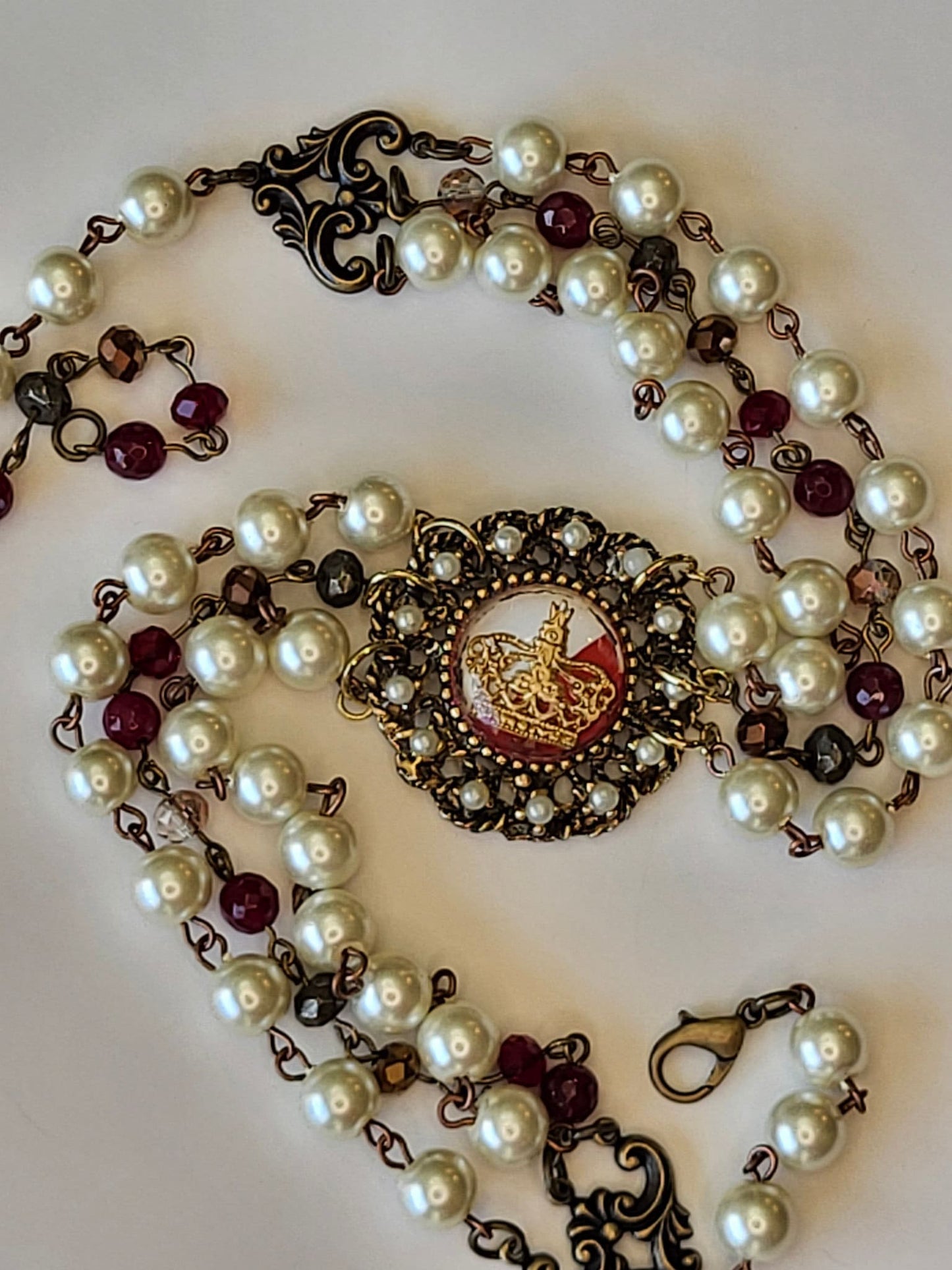 Elegant Pearl and Garnet Choker Necklace with Rare Vintage Crown Pendant