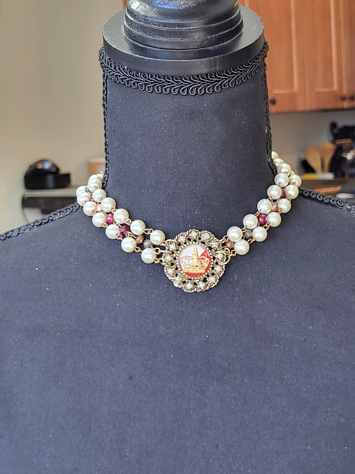 Elegant Pearl and Garnet Choker Necklace with Rare Vintage Crown Pendant