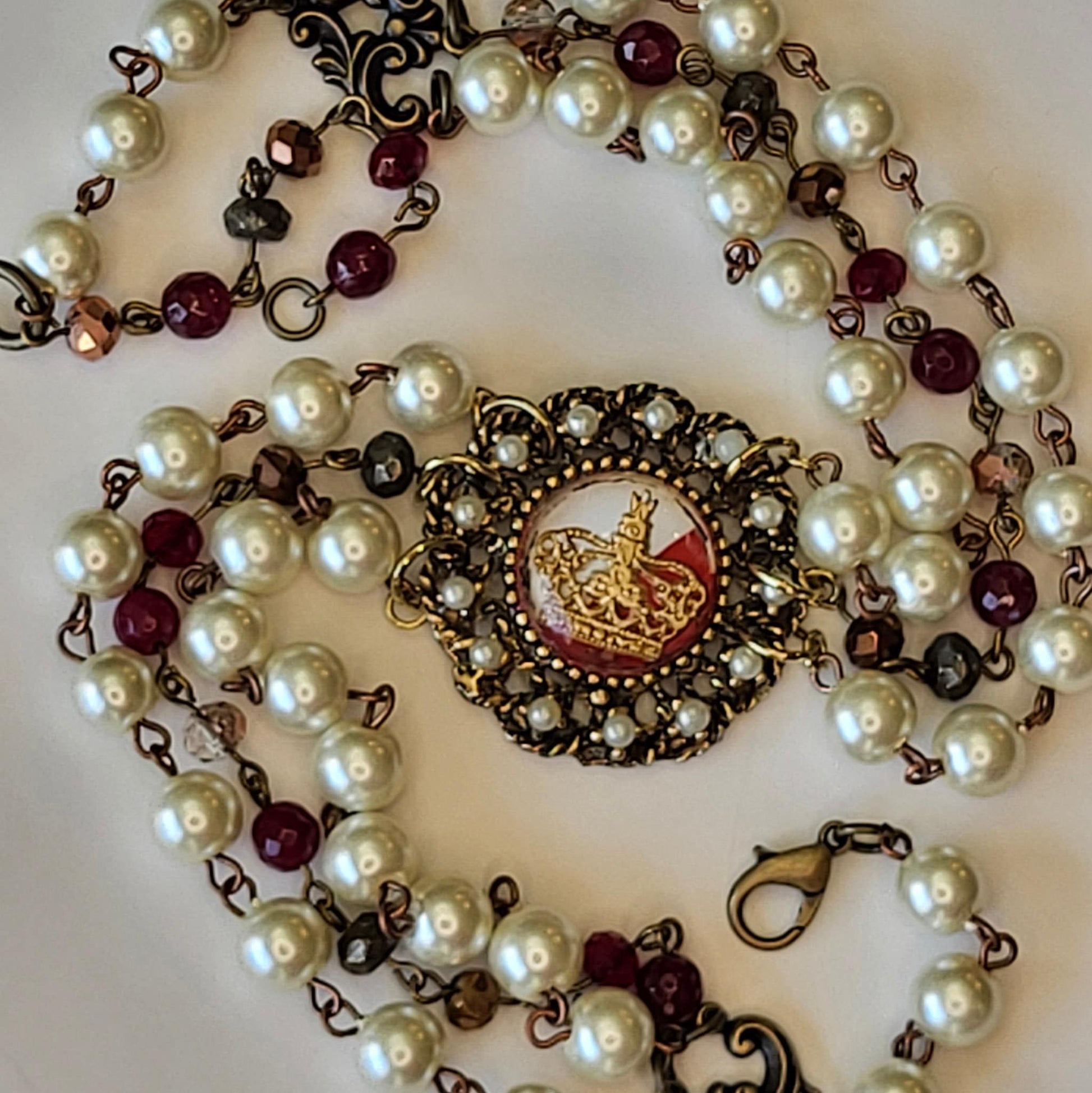 Elegant Pearl and Garnet Choker Necklace with Rare Vintage Crown Pendant