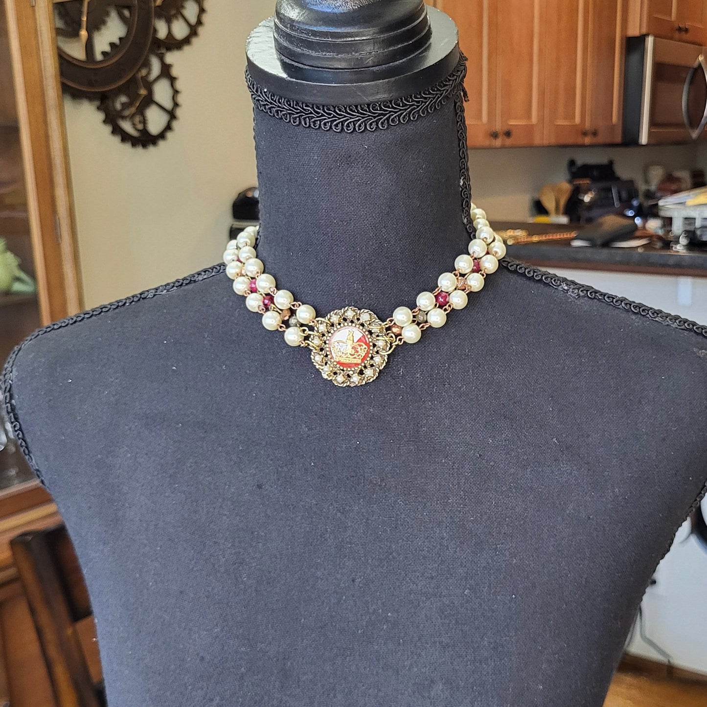 Elegant Pearl and Garnet Choker Necklace with Rare Vintage Crown Pendant