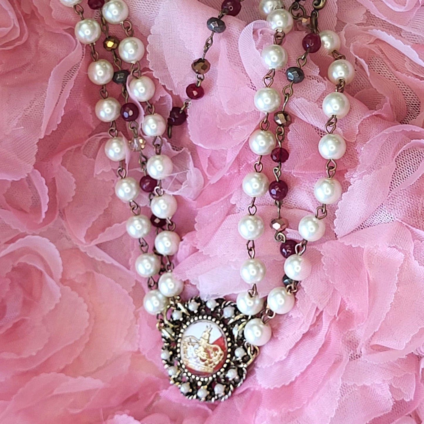 Elegant Pearl and Garnet Choker Necklace with Rare Vintage Crown Pendant