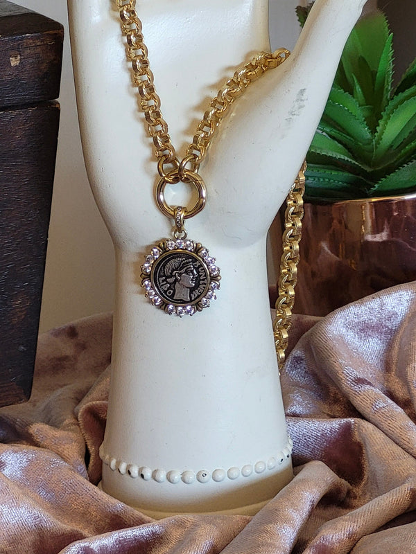 Elegant Greek Coin Necklace with Sparkling Swarovski Crystals