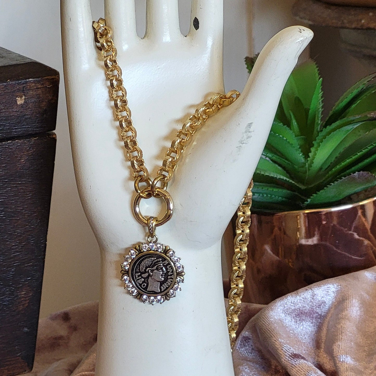 Elegant Greek Coin Necklace with Sparkling Swarovski Crystals