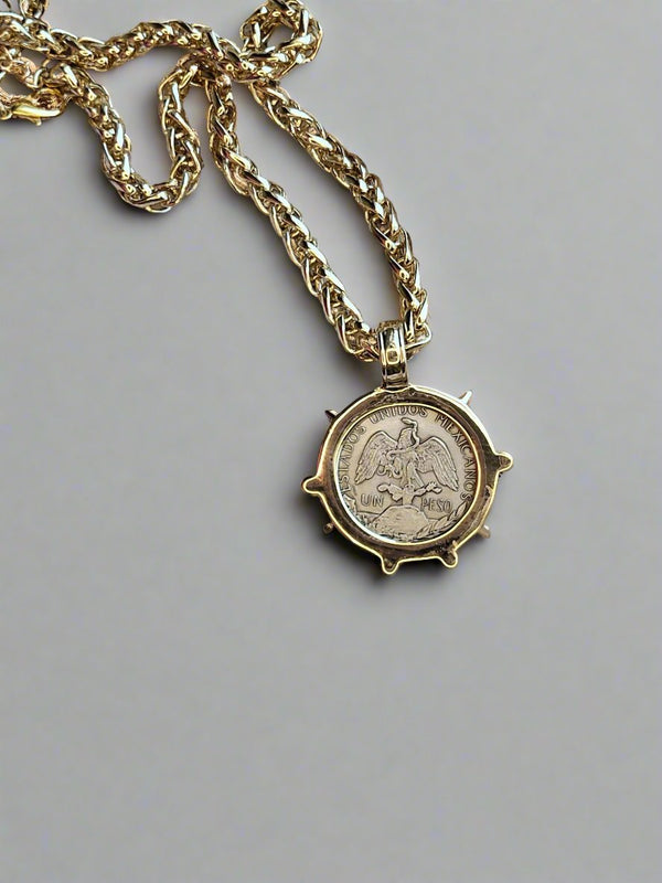 Gold necklace - Silver Vintage Coin Necklace chunky gold wheat chain Replica Peso Coin Pendant Rococo Glam Jewelry