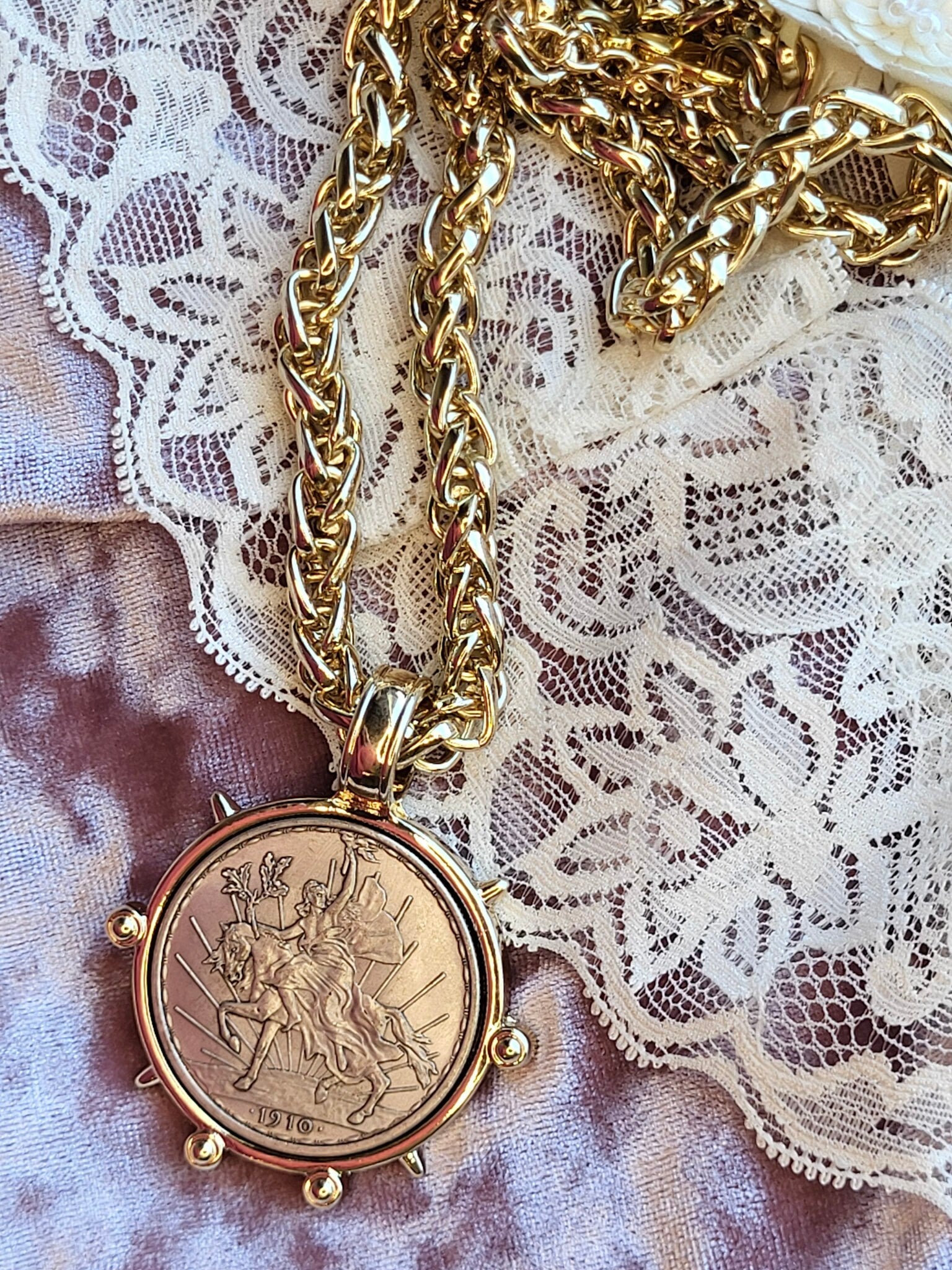 Gold necklace - Silver Vintage Coin Necklace chunky gold wheat chain Replica Peso Coin Pendant Rococo Glam Jewelry