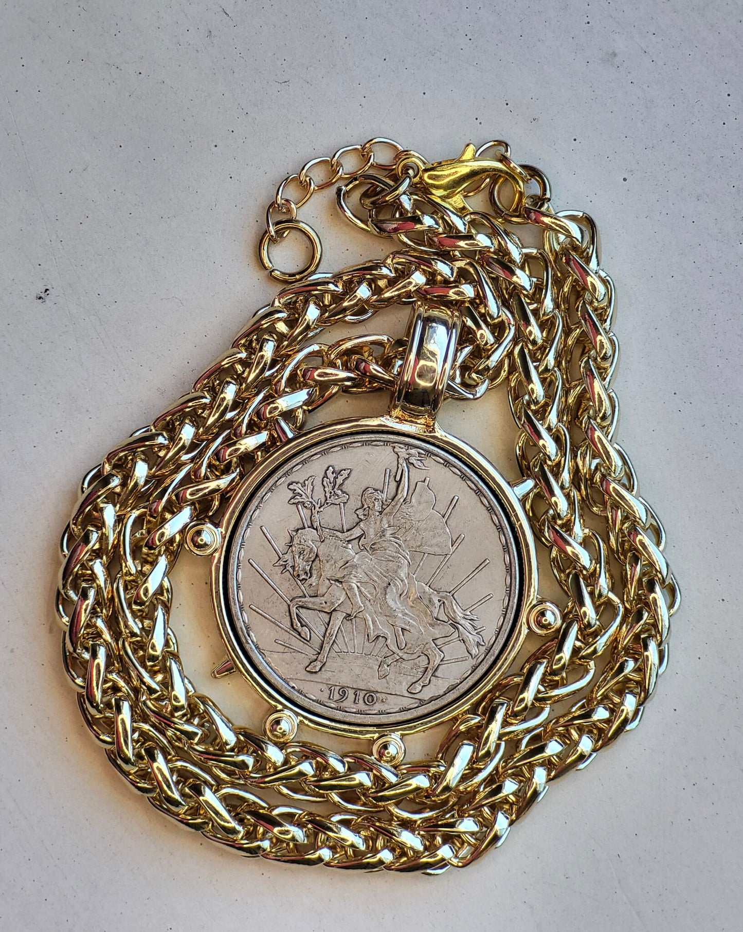 Gold necklace - Silver Vintage Coin Necklace chunky gold wheat chain Replica Peso Coin Pendant Rococo Glam Jewelry