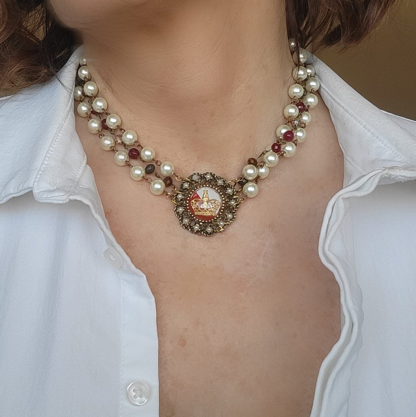 Elegant Pearl and Garnet Choker Necklace with Rare Vintage Crown Pendant